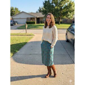 VTG Liz Claiborne Plaid Pencil Skirt Size 8 Blue Red Rayon Linen Lined Academia